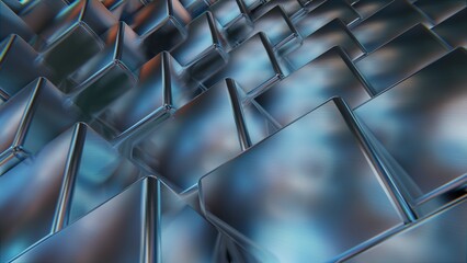 Wall Mural - Steel shiny blue cubes, abstract symmetrical background. 3d render