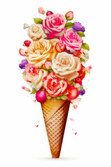 Wall Mural - Ice cream cone with bouquet of flowers in it's cone. Generative AI.