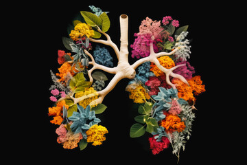 Wall Mural - Picture of human lungs made out of flowers and leaves on black background. Generative AI.