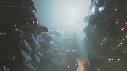 Poster - Space city station at night, cyberpunk ghetto. Big city base on an industrial planet. Apartments and rooms are glowing. 3d render