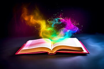 Wall Mural - Open book with colorful smoke coming out of it on black background. Generative AI.