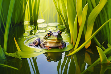 Canvas Print - Frog is floating in pond of water with lily pads on the water. Generative AI.