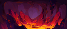 Game Background Of Hell With Lava In Rock Cave. Fantasy Landscape Of Inferno With Fiery Molten Magma Flows In Stone Mountain Tunnel, Vector Cartoon Illustration