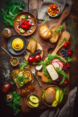 Sticker - Table topped with plates of food and cutting board filled with bread. Generative AI.