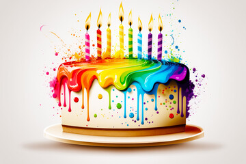 Wall Mural - Birthday cake with multi - colored icing and lit candles on plate. Generative AI.