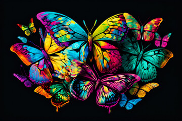 Sticker - Group of colorful butterflies on black background with the colors of the rainbow. Generative AI.