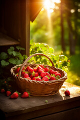 Sticker - Basket full of strawberries sitting on table next to bush. Generative AI.