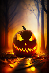 Sticker - Jack - o - lantern pumpkin with glowing eyes in dark forest. Generative AI.