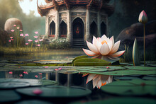 Beautiful Lotus Flowers In Tropical Garden With Pond, Generative Ai Illustration