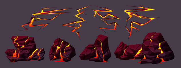Wall Mural - volcano ground texture with lava in cracks and broken stones. volcanic rocks with light effect in fi