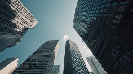 Wall Mural - Bottom view of modern skyscrapers in business district. Generative Ai.