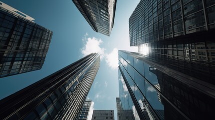 Wall Mural - Bottom view of modern skyscrapers in business district. Generative Ai.