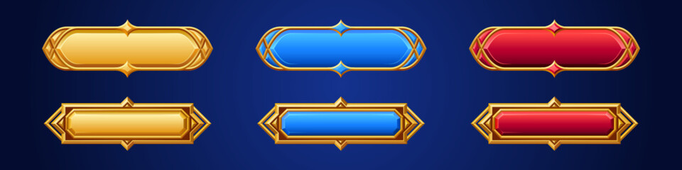 Poster - cartoon set of medieval game buttons in golden frame isolated on background. vector illustration of 