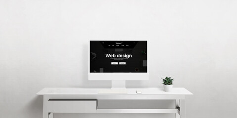 Poster - A front view of a computer display on an office desk featuring a minimalist workspace, highlighting web design, UX/UI, and digital rendering