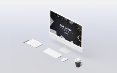 Wall Mural - Isometric view of web design studio with modern display, emphasizing technology, UX/UI, and creative digital rendering