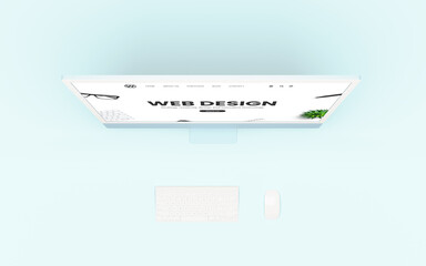 Poster - Web design studio concept page on the screen, with a keyboard and mouse beside. The flat lay composition includes a blue desk. Digital rendering, UX/UI, and modern web design