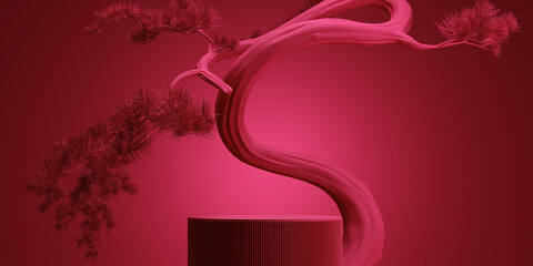 Wall Mural - japanese style podium and bonsai tree with viva magenta color background for product presentation. 3