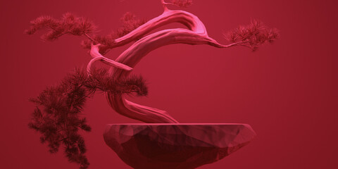 Wall Mural - 3d stone podium and bonsai tree with viva magenta color background. japanese style concept for produ
