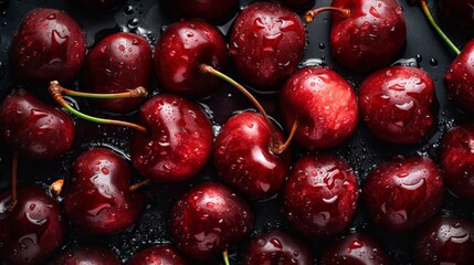 Wall Mural - Top view of cherries photo with water droplet and splash. Generative ai