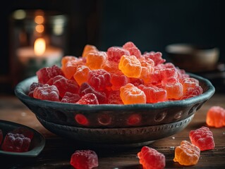 Wall Mural - Red and orange gummy bear on a bowl on a table, with copy space. Generative ai