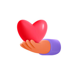 Hand hold in the palm of his hand red heart. Arm and red heart. Concept love, health, charity,help, insurance. 3d cartoon vector icon for social media