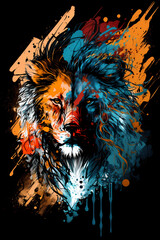 Wall Mural - Fantasy abstract badass lion portrait painting with a colorful for T-shirt design.