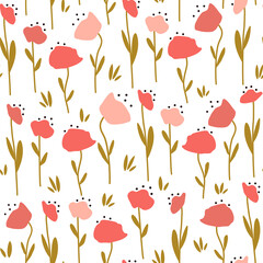 Wall Mural - cute delicate pink red poppy flowers background seamless repeat vector pattern illustration