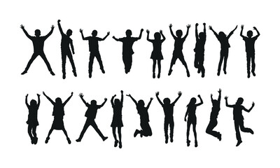 Large group of happy kids jumping together with their hands raised in the air vector silhouette set.