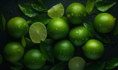 Limes with water drops on a dark background, Generative AI