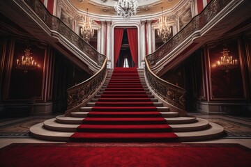 red carpet and ceremonial vip staircase. vip luxury entrance with red carpet. interior of the palace