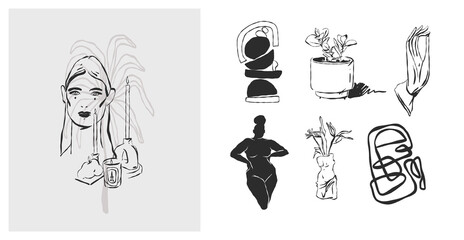 Wall Mural - hand drawn vector abstract graphic line art simple,contemporary collection set with boho feminine ae