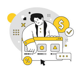 Aufkleber - Employee setting targeting ads to bring profit, marketing and business development. Company strategy and financial planning. Vector in flat cartoon illustration