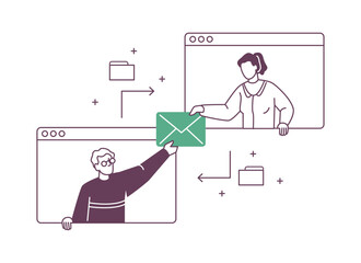 Poster - Business communication between employees or clients. Support and interaction with customers via email, company service. Vector in flat cartoon illustration