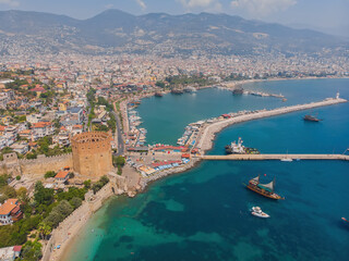 Wall Mural - Kizil Kule or Red Tower and port aerial panoramic view in Alanya city, Antalya Province on the southern coast of Turkey