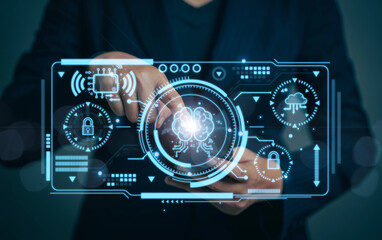 Fototapete - Chatbot chat with AI. Artificial intelligence. The concept of accessing imagination by feeding commands to Ai to create what is in our mind with futuristic technology through the Internet.