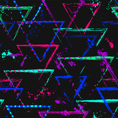 Wall Mural - Pattern with triangles, paint brush strokes, paint splatter, smudge of neon bright colors. Virtual abstract background. Grunge style for sports goods, prints, clothing, t shirt design, vinyl wrap.