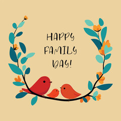 A vector greeting card featuring three cute little red birds sitting on a branch with flowers, perfect for Family Day. The card reads 