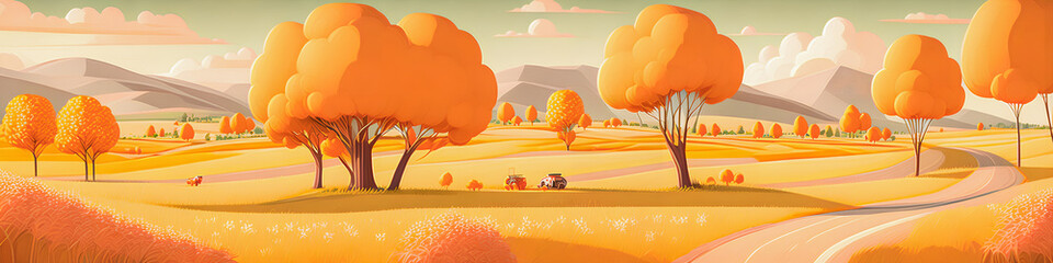 Wall Mural - Autumn valley with trees, rocks, and mountains. Path running through center, Generative AI.