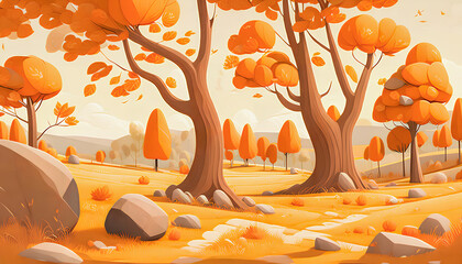 Wall Mural - Autumn valley with trees, rocks, and mountains. Path running through center, Generative AI.