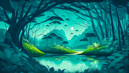 Poster - A Nighttime Scene of an Old, Dark Green Jungle. Trees, Vines, and a Small Lake. Illustrative Style, Vector Art. Generative AI.