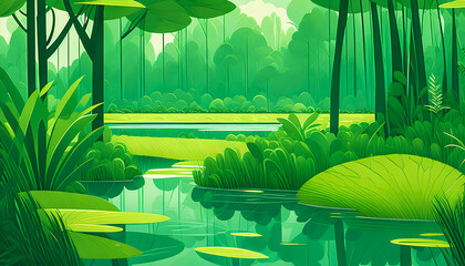 Poster - A Submerged Lake with Overflown Trees. Dense Jungle. Illustrative Style, Vector Art. Generative AI.