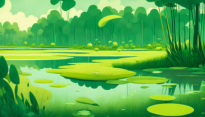 Poster - A Submerged Lake with Overflown Trees. Dense Jungle. Illustrative Style, Vector Art. Generative AI.