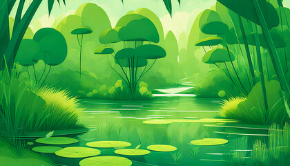 Poster - A Submerged Lake with Overflown Trees. Dense Jungle. Illustrative Style, Vector Art. Generative AI.