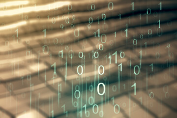 Aufkleber - Abstract virtual binary code hologram on abstract metal background, AI and machine learning concept. Multiexposure