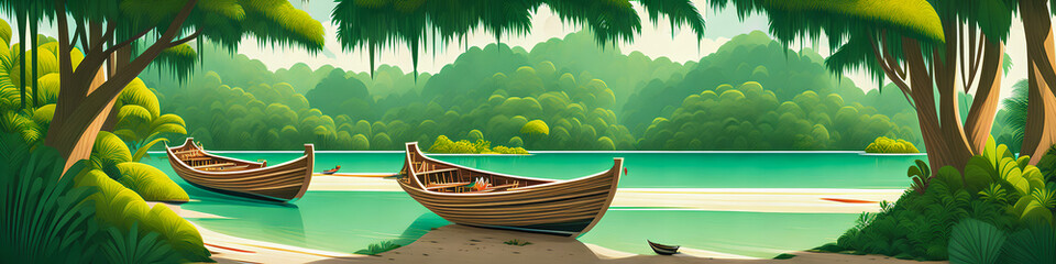 Wall Mural - A wooden boat in the midst of a jungle. Vines and a lake. Illustrated style, Generative AI