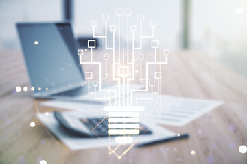 Poster - Virtual creative idea concept with light bulb and microcircuit illustration on calculator and laptop background. Neural networks and machine learning concept. Multiexposure