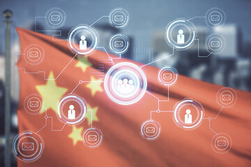 Poster - Abstract virtual social network concept on Chinese flag and skyline background. Multiexposure