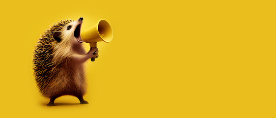 hedgehog with megaphone, panoramic layout. Generative Ai