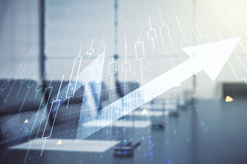 Aufkleber - Abstract creative financial diagram and upward arrow hologram on a modern boardroom background, growth and development concept