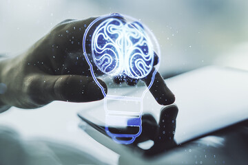 Poster - Creative light bulb with human brain hologram and hand working with a digital tablet on background, artificial Intelligence and neural networks concept. Multiexposure